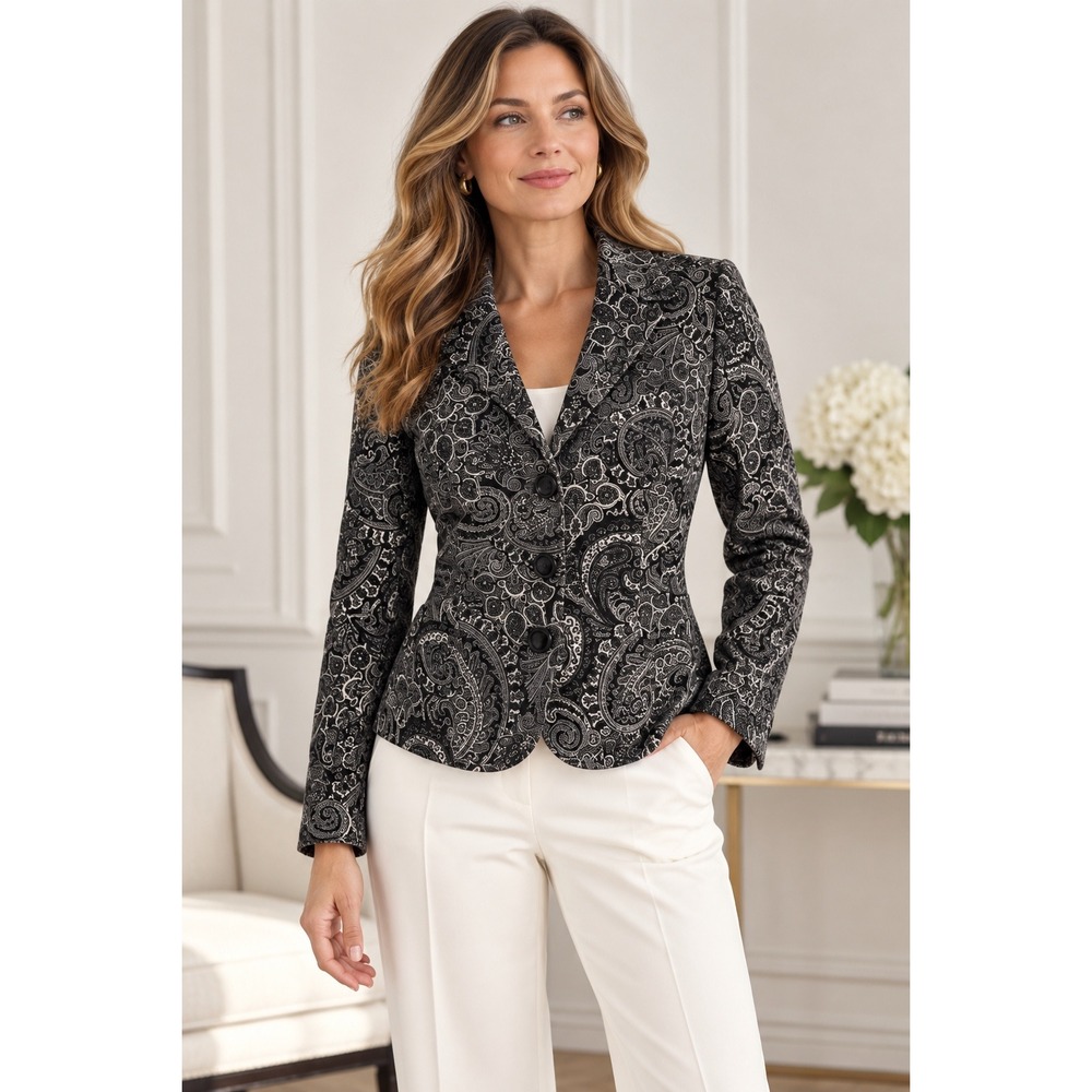 Harve Benard Benard Holtzman Petite Blazer 10P Black White Paisley Cotton Jacket